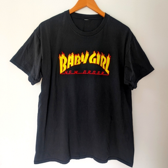 Baby Girl New Order Graphic Flaming Thrasher Font Black T-shirt - Picture 2 of 7